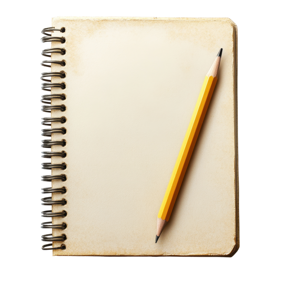 Notebook with pencil resting on a Transparent background for creative writing and drawing activities, Notebook with Pencil isolated on background png