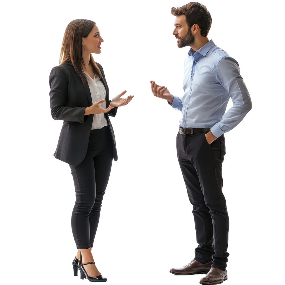 Businessman and businesswoman engage in conversation in a professional setting, Businessman and Businesswoman Talking isolated on white background png
