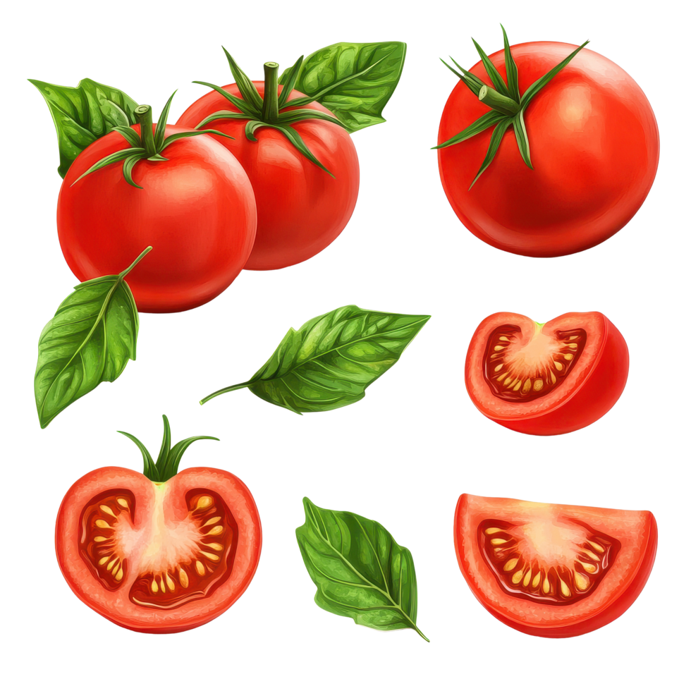 Fresh red tomatoes and green leaves isolated on Transparent background showcasing sliced and whole variants, Tomatoes with leaves, half and piece tomato isolated png