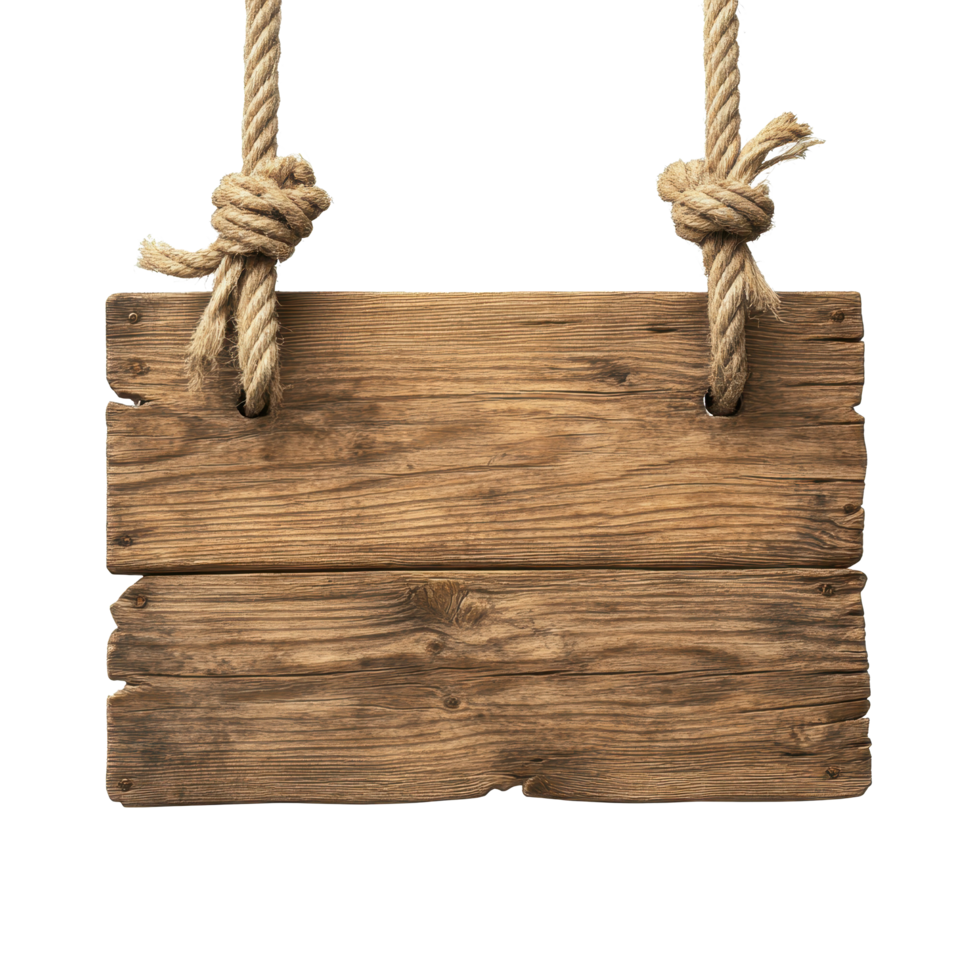 Rustic wooden sign with ropes hanging, ideal for decoration or advertising in outdoor settings, Wooden sign with ropes isolated on Transparent background png