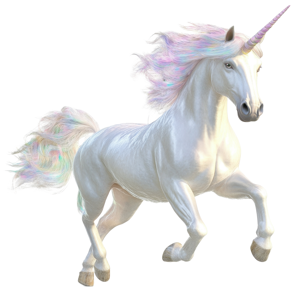Majestic unicorn gracefully prancing on a pristine Transparent background with a shimmering mane, Unicorn on background png