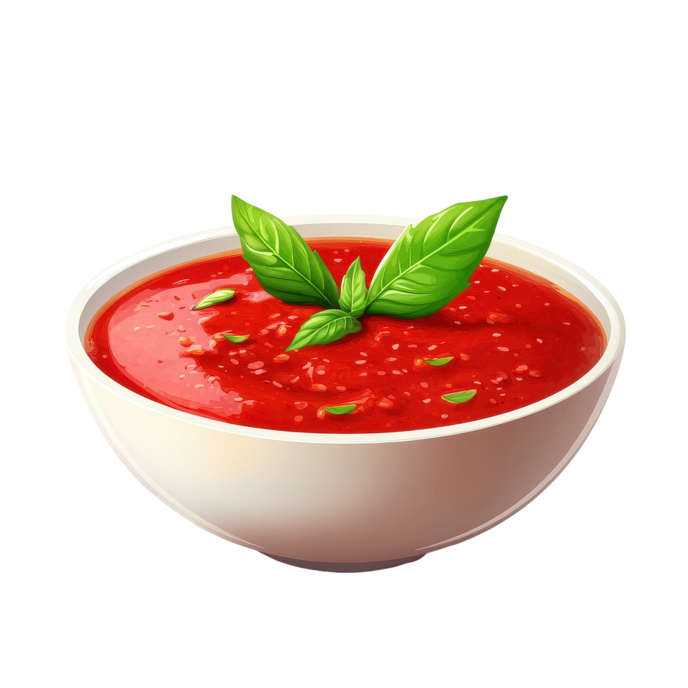 Fresh tomato sauce in a bowl with basil leaves on a Transparent background, Tomato sauce isolated on background png
