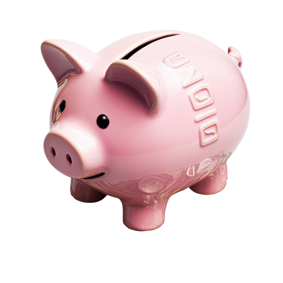Piggy bank surrounded by cash and coins on a white surface, showcasing saving concepts, Pink Piggy bank with money isolated on Transparent background png