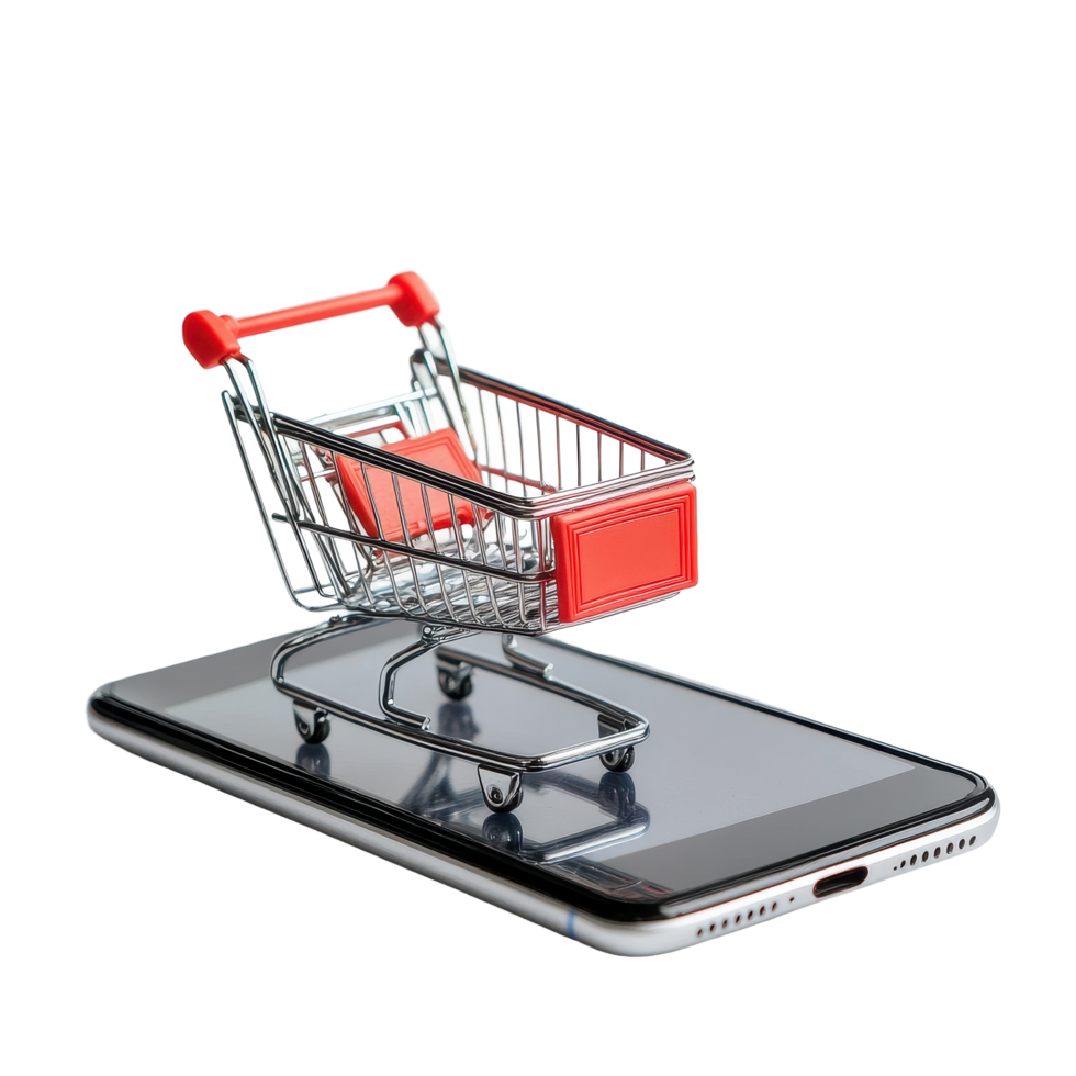 Shopping online through a smartphone with a mini shopping cart on the screen, smartphone with tiny shopping cart, shopping online concept, Transparent background png