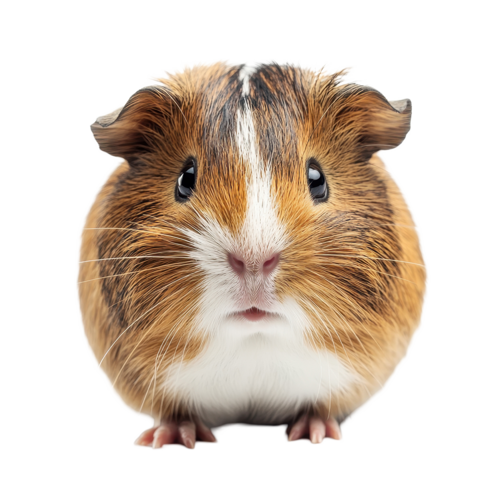 Stunning closeup of a cheerful guinea pig on a white background showcasing its unique fur patterns, guinea pig face shot isolated on white background png