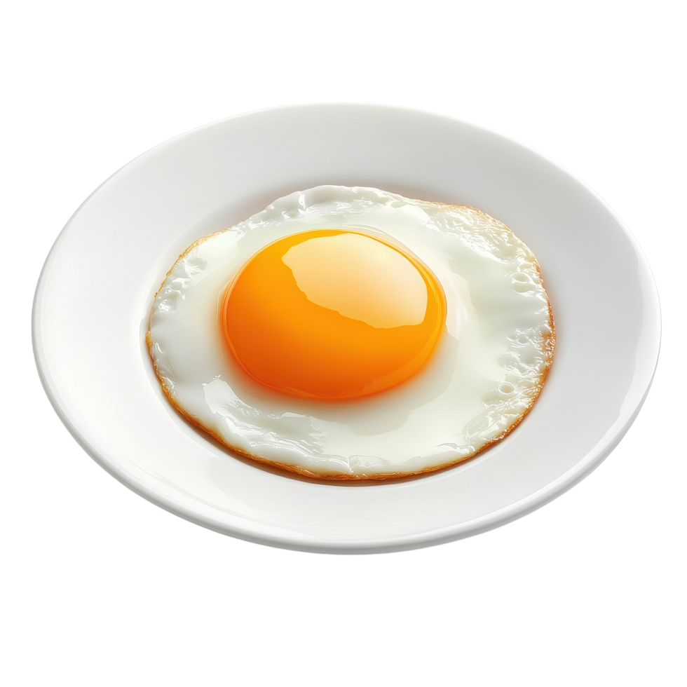 Delicious fried egg served on a white plate against a clean Transparent background, egg in a plateisolated on background png