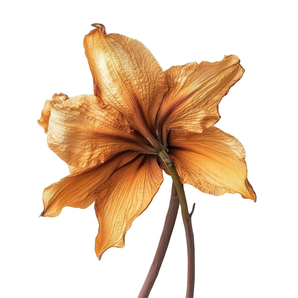 Dried daylily flower with delicate petals displayed on a Transparent background for natural decor inspiration, dried daylily flowerisolated on background png