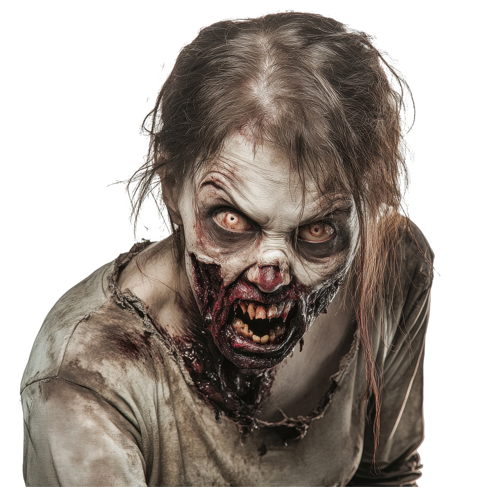 Terrifying female zombie with gruesome features and eerie expression on Transparent background, Terrifying Female Zombie background png