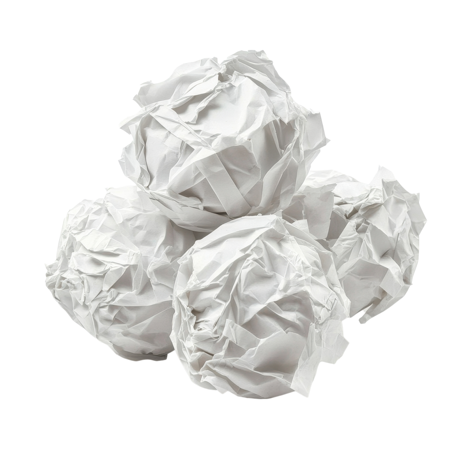 Crumbled paper balls arranged in a tidy pile on a Transparent background for creative uses and designs, crumbled paper balls isolated on background png