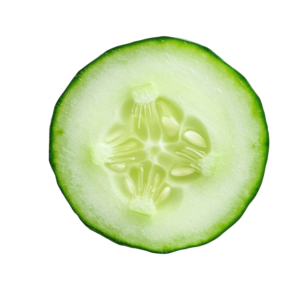 Fresh cucumber slice isolated on clean Transparent background showcasing vivid green color and texture, Cucumber slice isolated on background png