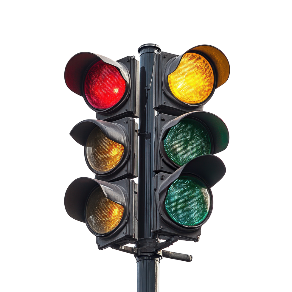 Traffic signal displaying red, yellow, and green lights at intersection during daytime hours, Traffic Light with Red, Yellow, and Green Lamps on Transparent background Road Signalization Concept png