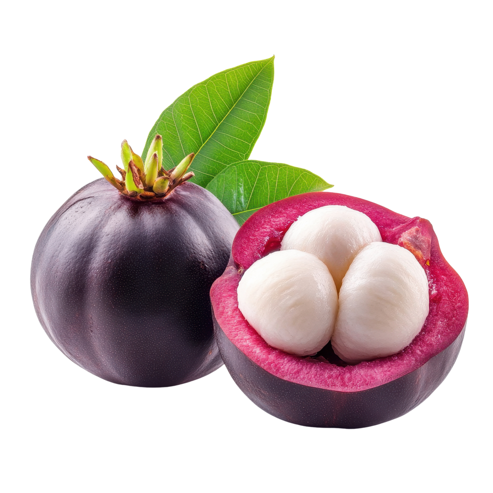 Mangosteen fruit isolated on Transparent background showing whole and sliced sections with purple rind and juicy white flesh, Mangosteen isolated on background png