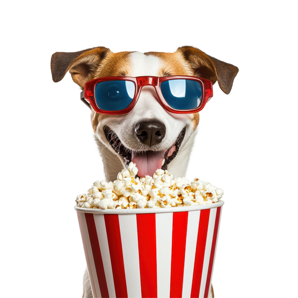 Dog in glasses enjoying popcorn in a playful mood at home, dog wearing 3d glasses and eating a bucket popcornTransparent backgroundbackgroung background png