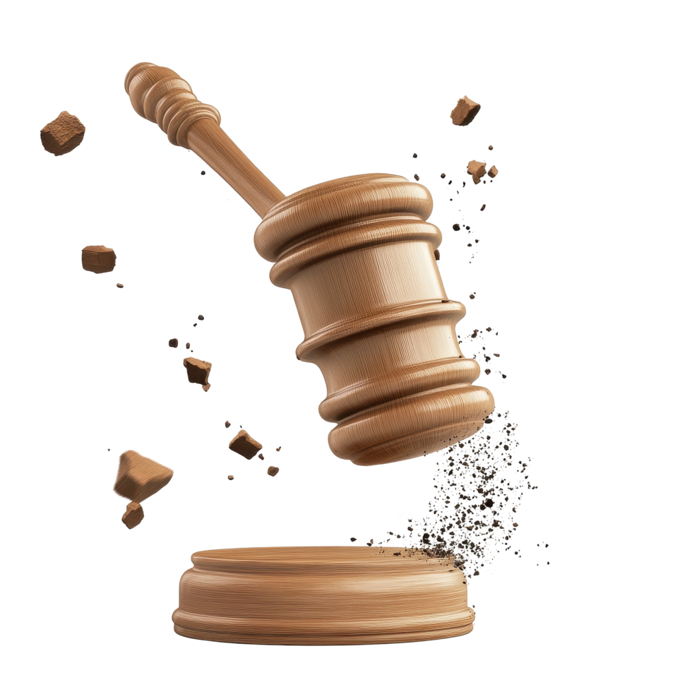 Judge gavel strikes decision with force, symbols of justice in action, Judge gavel justice law hitting striking decision, Transparent background png