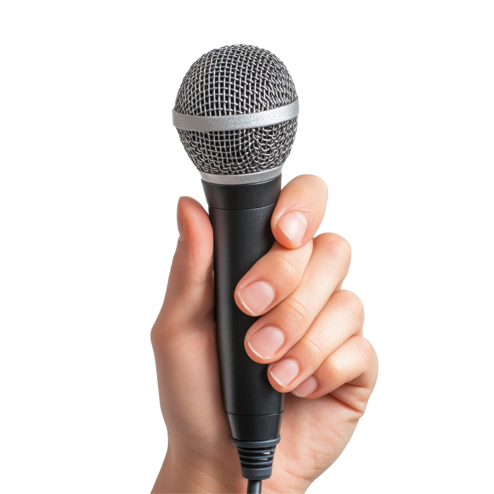 Hand holding a microphone ready for singing or public speaking in a bright setting, Hand Holding Microphone for Singing or Public Speaking on white background png