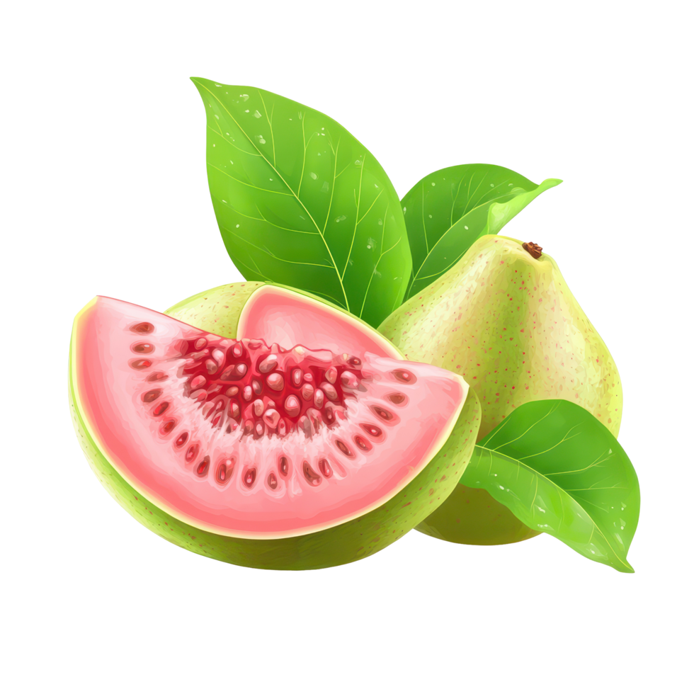 Fresh guava fruit with leaves on a transparent white background showcasing vibrant colors and textures, Guava fruit isolated on ransparent white background png