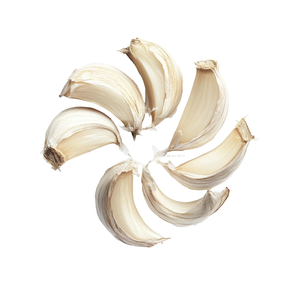 Fresh garlic slices arranged in a circular pattern on a white background, garlic sliceisolated on white background png