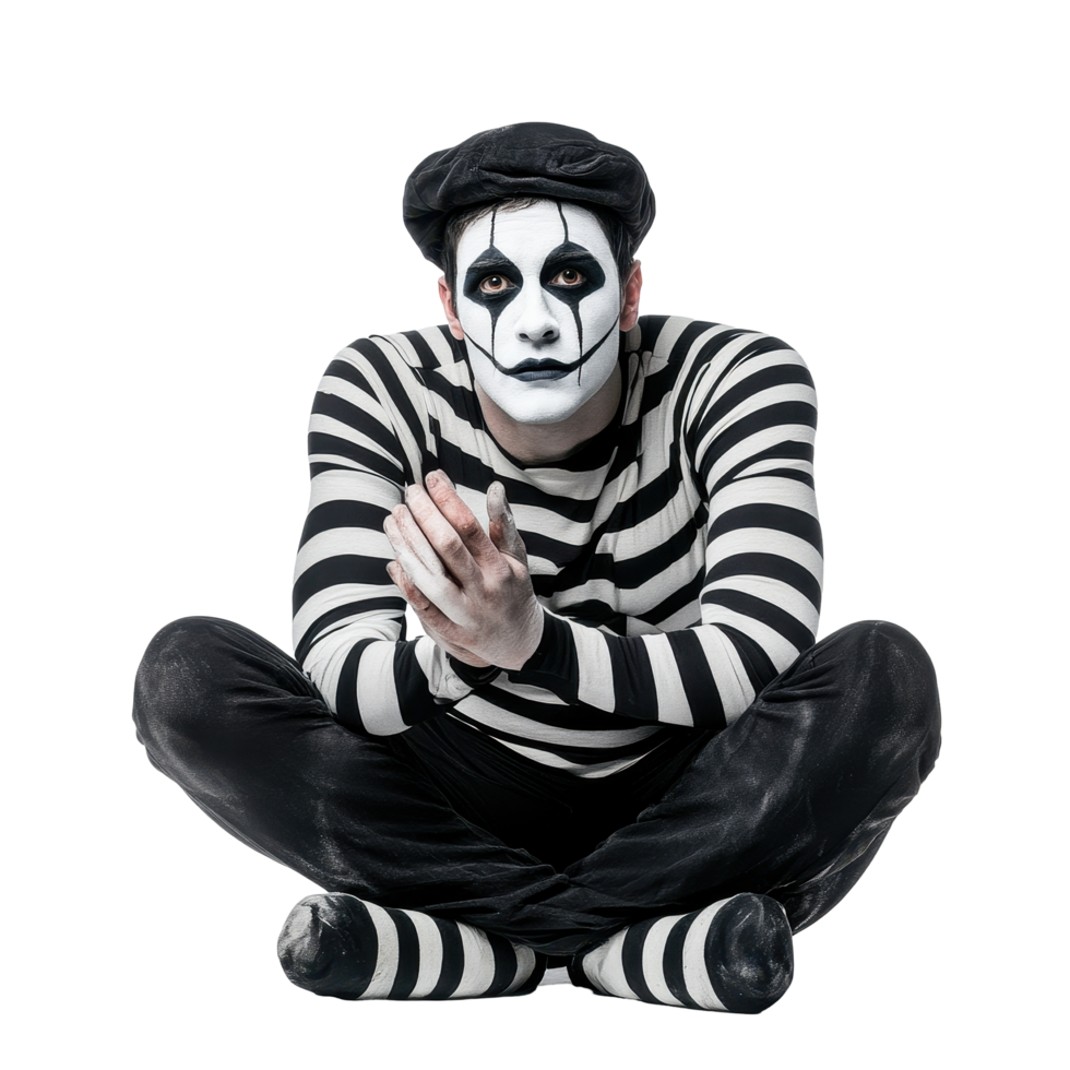 Male mime artist dressed in striped attire and white face paint sits in a thoughtful pose against a Transparent background, Male Mime Artist Isolated on background png
