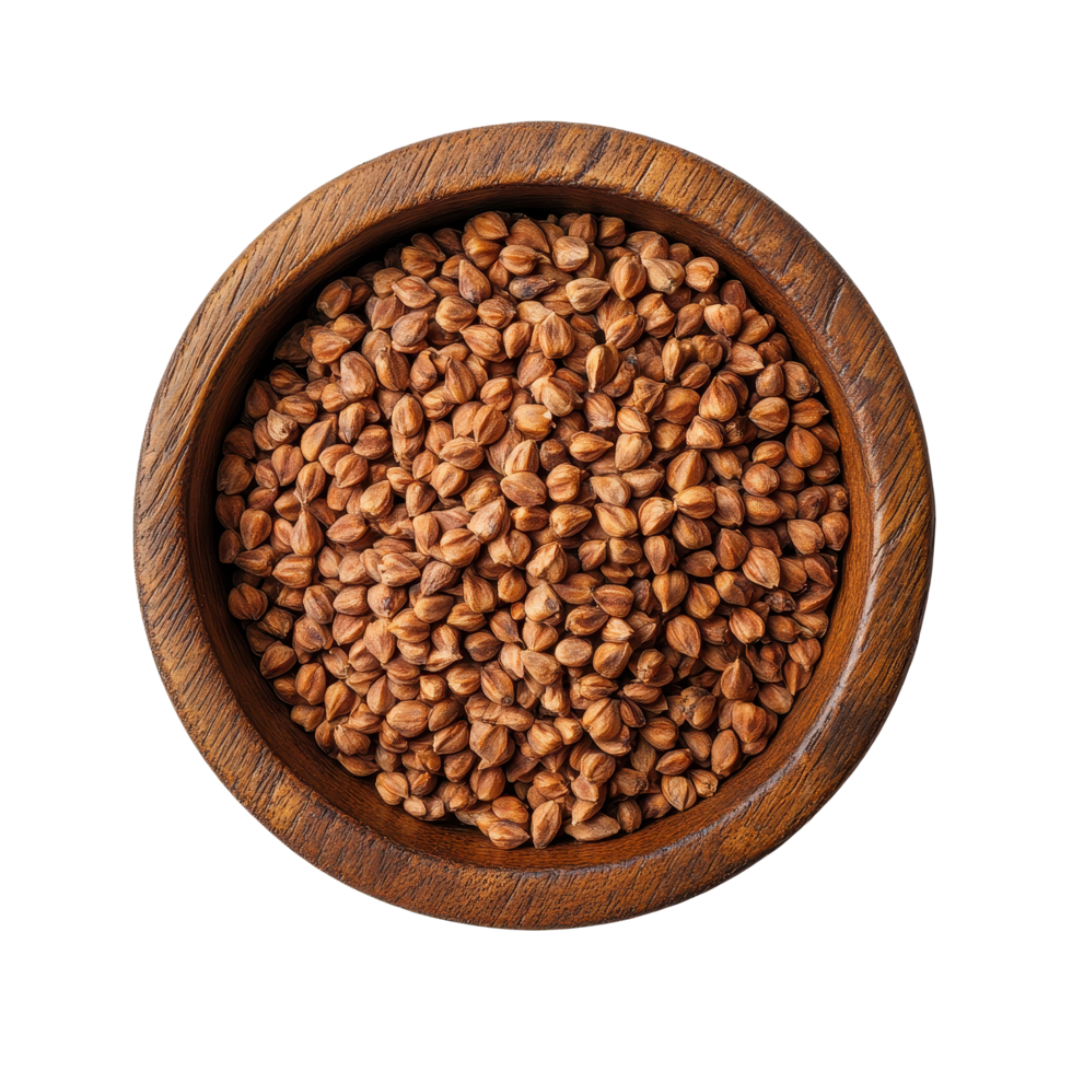 Buckwheat grains in a wooden bowl set against a clean white backdrop highlighting natural textures and colors, Buckwheat in wood bowlisolated on white background png