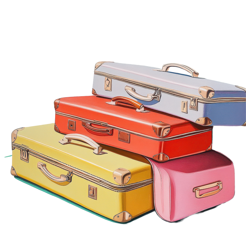 Colorful stacked suitcases ready for travel adventure and exploration, Colored full and closed suitcases, ready for the trip, png