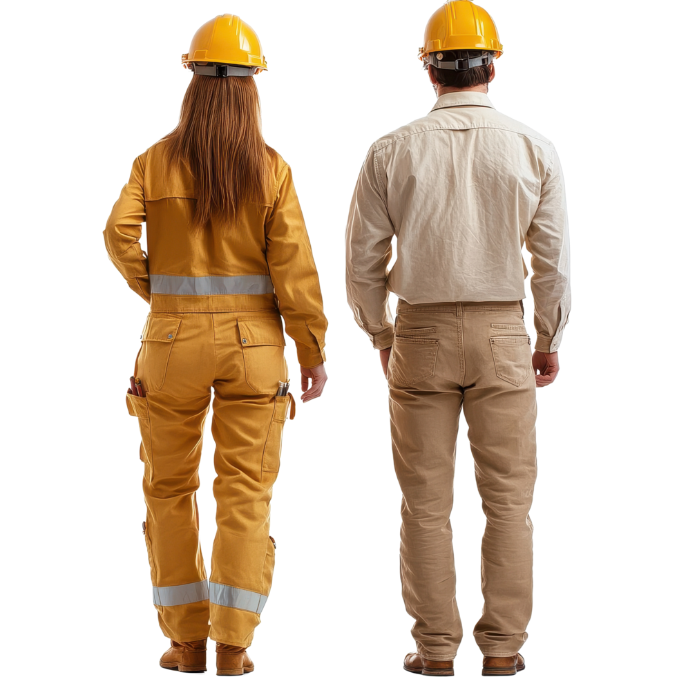 Couple in construction attire standing together back view on an isolated background, Couple in Construction Attire Back View isolated on Transparent background png