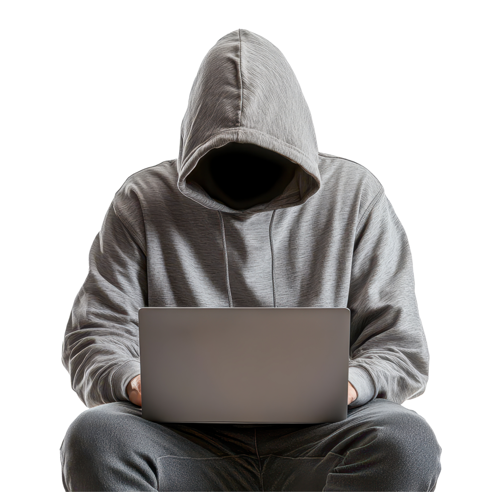 Hooded hacker works on laptop in a secure setting on a white background, Hooded Hacker with Laptop on white background png