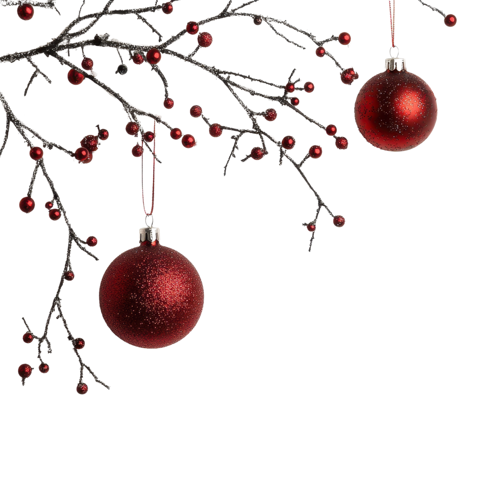 Red Christmas decorations hanging from a branch on a white background, christmas decoration on white background png