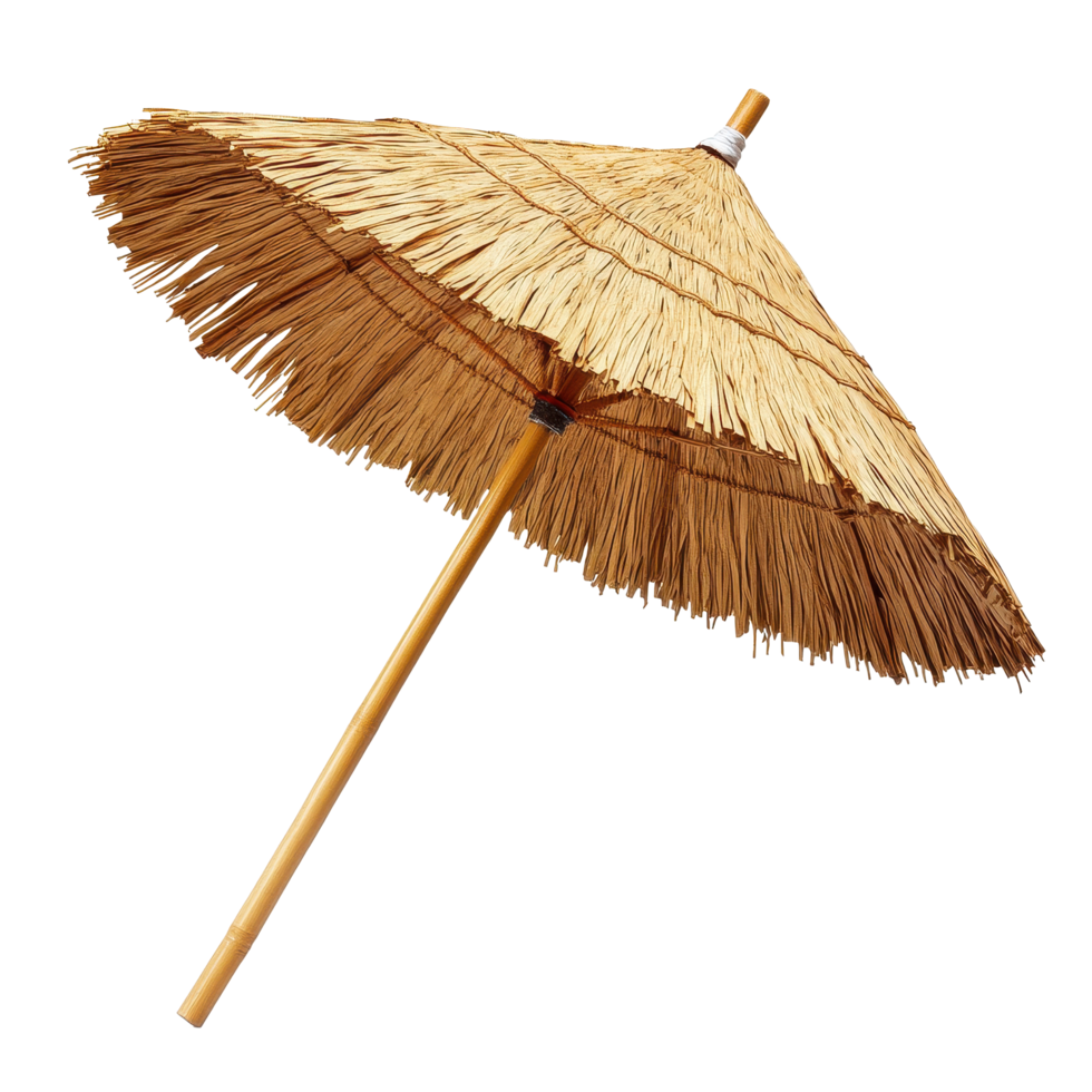 Straw parasol standing alone on a Transparent background for summer decorations or beach settings, Straw Parasol Isolated on background png