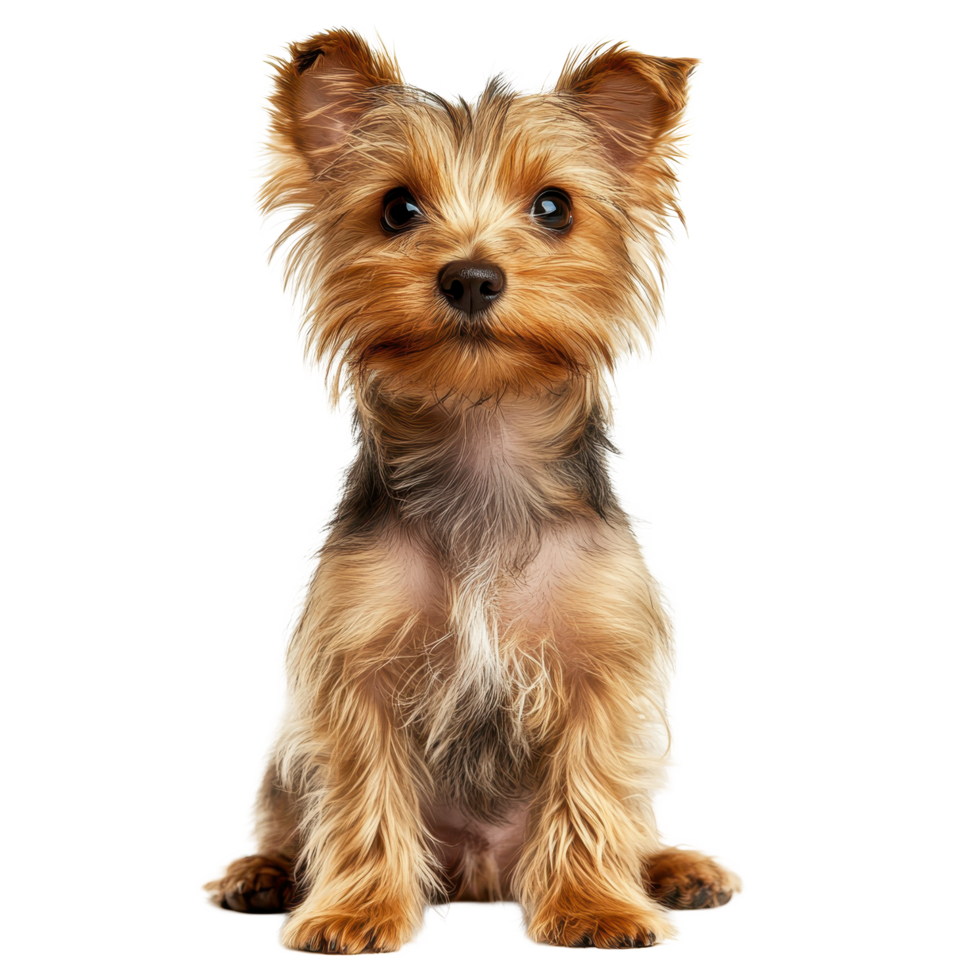 Yorkshire terrier sits calmly against a Transparent background showcasing its charming features and playful demeanor, Yorkshire Isolated on background png