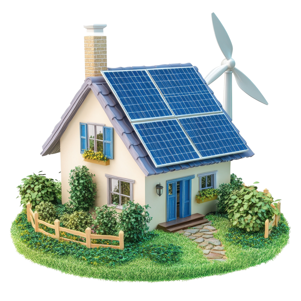 Ecofriendly home with solar panels and wind turbine for sustainable living, Ecofriendly home with solar panels and wind turbine isolated on Transparent background png