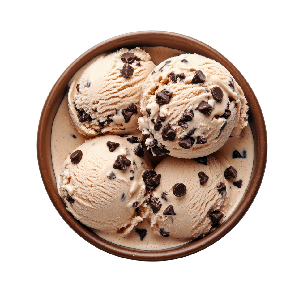 Delicious chocolate chip ice cream served in a bowl viewed from above in high resolution, Chocolate chip ice cream in a bowl, top view, isolated on white background png