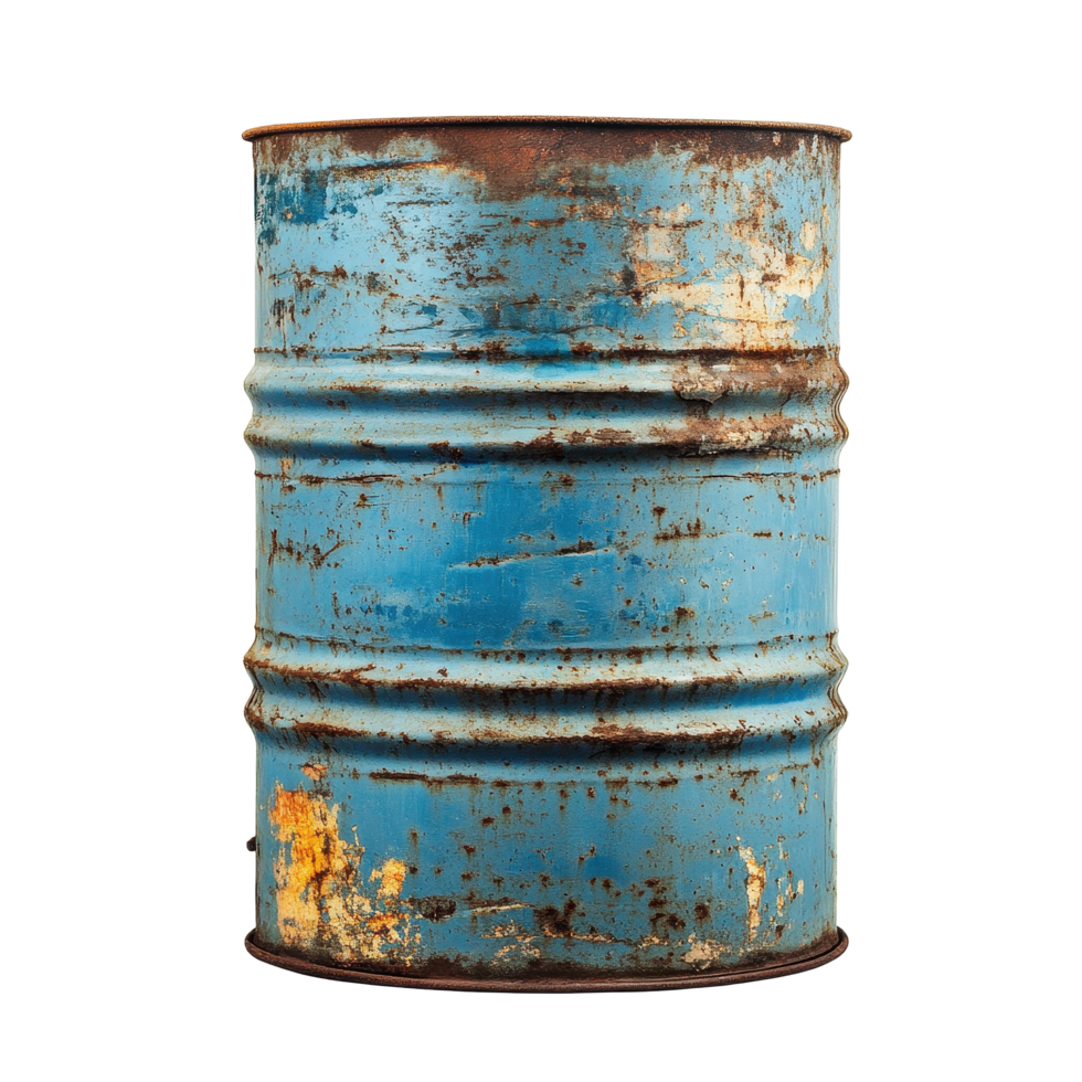 Old rusty blue steel oil barrel isolated on Transparent background showcasing weathered texture and color variations, Old rusty blue steel oil barrel isolated on background png