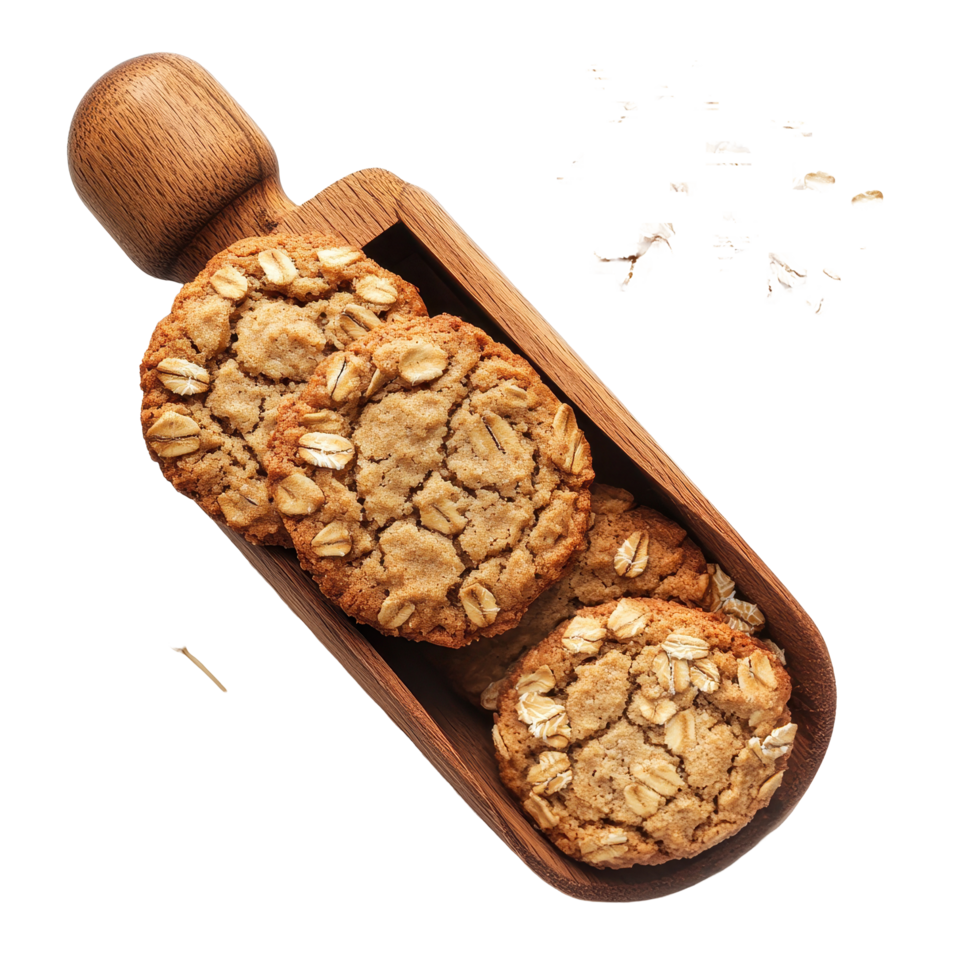 Delicious oatmeal cookies with wheat germ in a wooden scoop on a clean background, Oatmeal cookies and wheat germ in wood scoop isolated on Transparent background png
