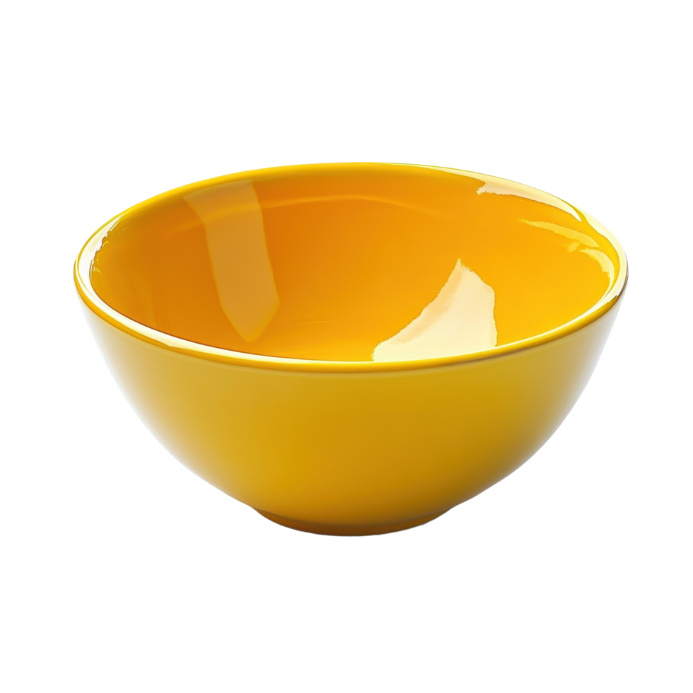 Bright yellow ceramic bowl on a Transparent background showcasing a simple yet elegant design perfect for kitchen decor, yellow ceramic bowl on background png