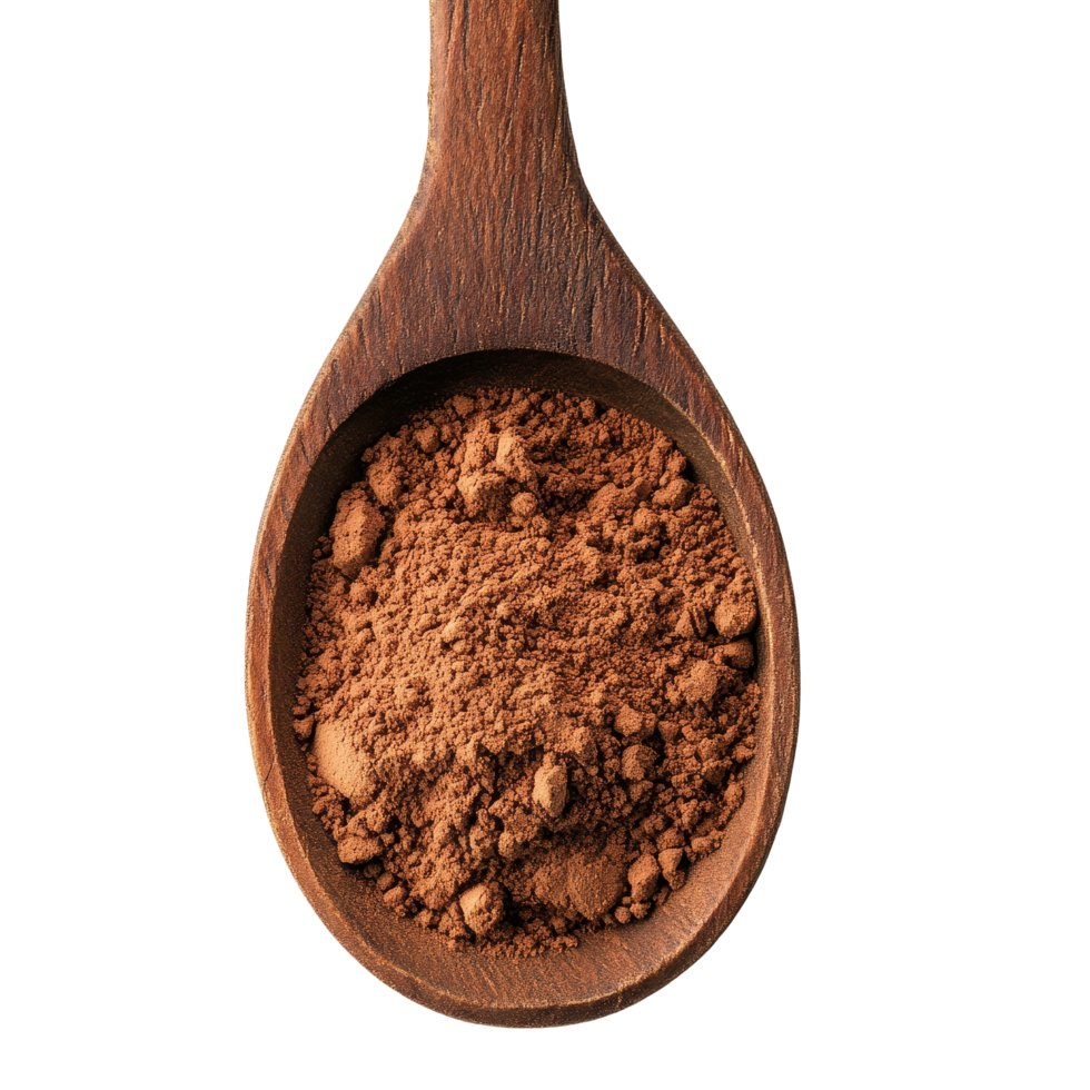 Cocoa powder in a wooden spoon surrounded by chocolate chunks on a Transparent background, Cocoa powder in a wood spoonisolated on background png