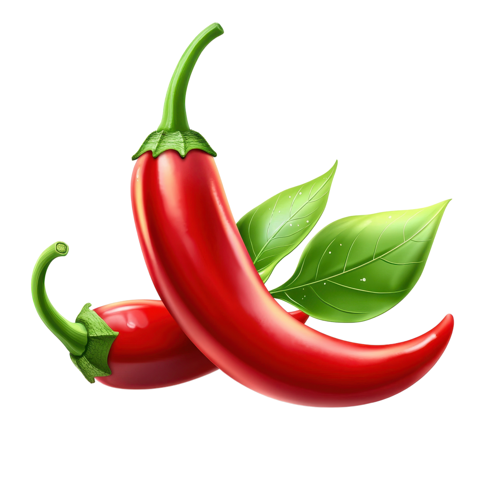Vibrant red chili peppers with green leaves isolated on a white background, chili with leafisolated on white background png
