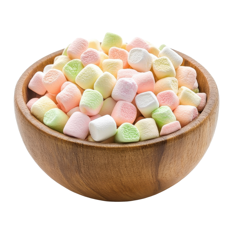 Colorful mini marshmallows in a wooden bowl perfect for treats and snacks, Colorful mini marshmallows in wood bowl isolated on Transparent background png