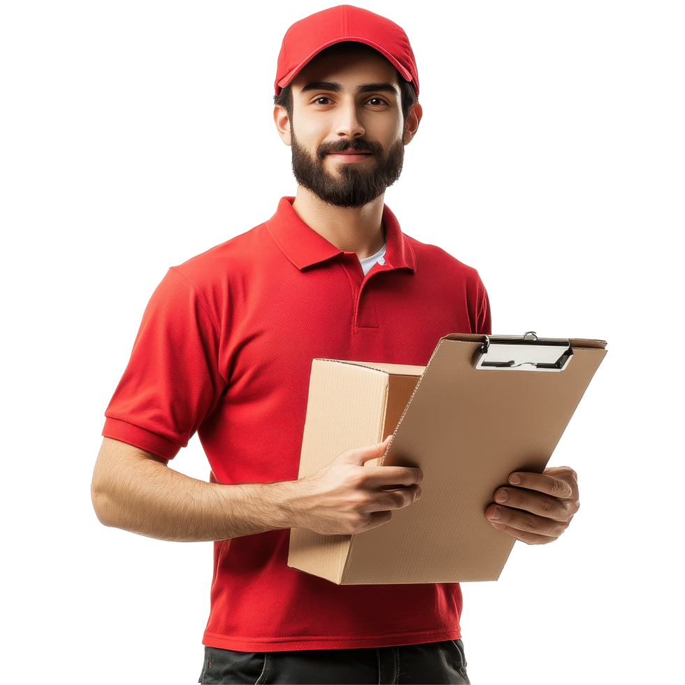 Delivery man holding a box and clipboard while wearing a red uniform on a Transparent background, Delivery man with box and clipboard isolated on background png