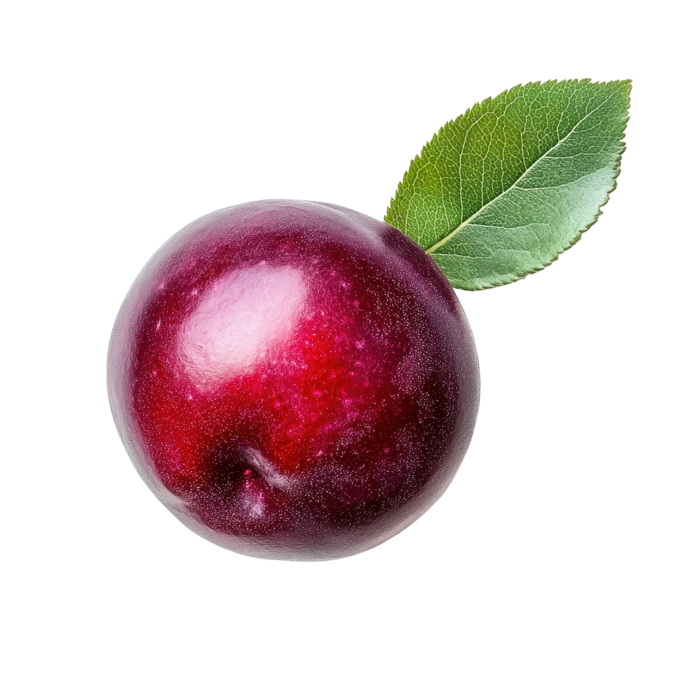 Fresh red cherry plum with green leaf isolated on Transparent background for culinary and decorative use, red cherry plum with leaf isolated on background png