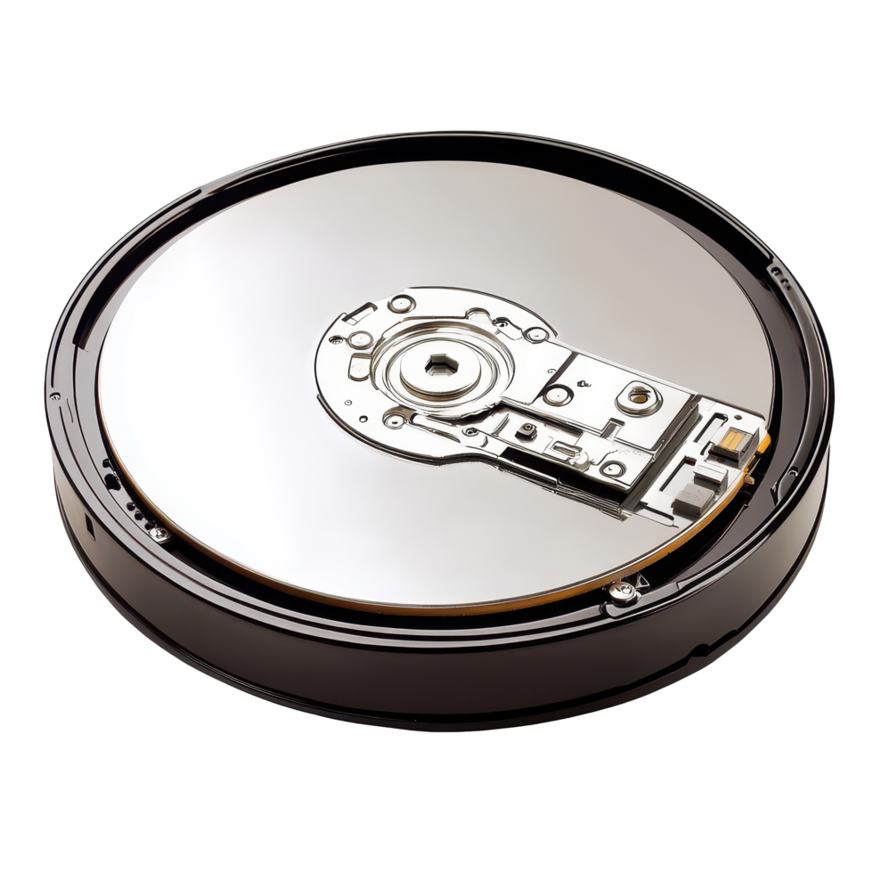 Closeup of a hard disk drive showcasing internal components and reflective surface, Hard Disk Drive png