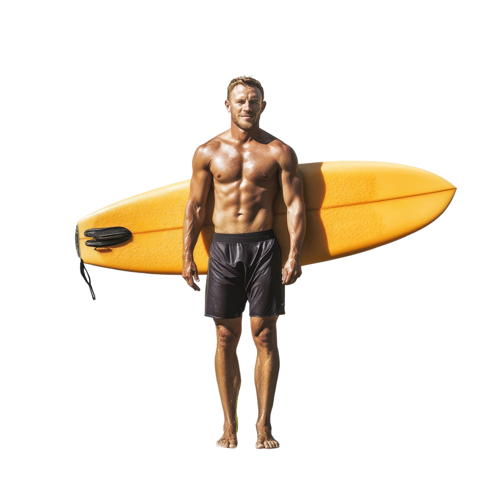 Surfer holds bright yellow surfboard while standing confidently against a clean Transparent background, Surfer holding a surfboard isolated in background png