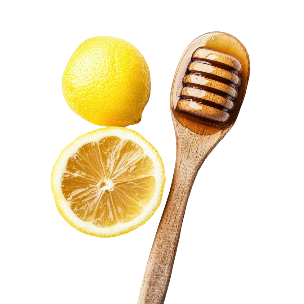 Fresh lemon with a wooden honey dipper beside the halved lemon on a neutral background, lemon and wooden honey dipperisolated on Transparent background png