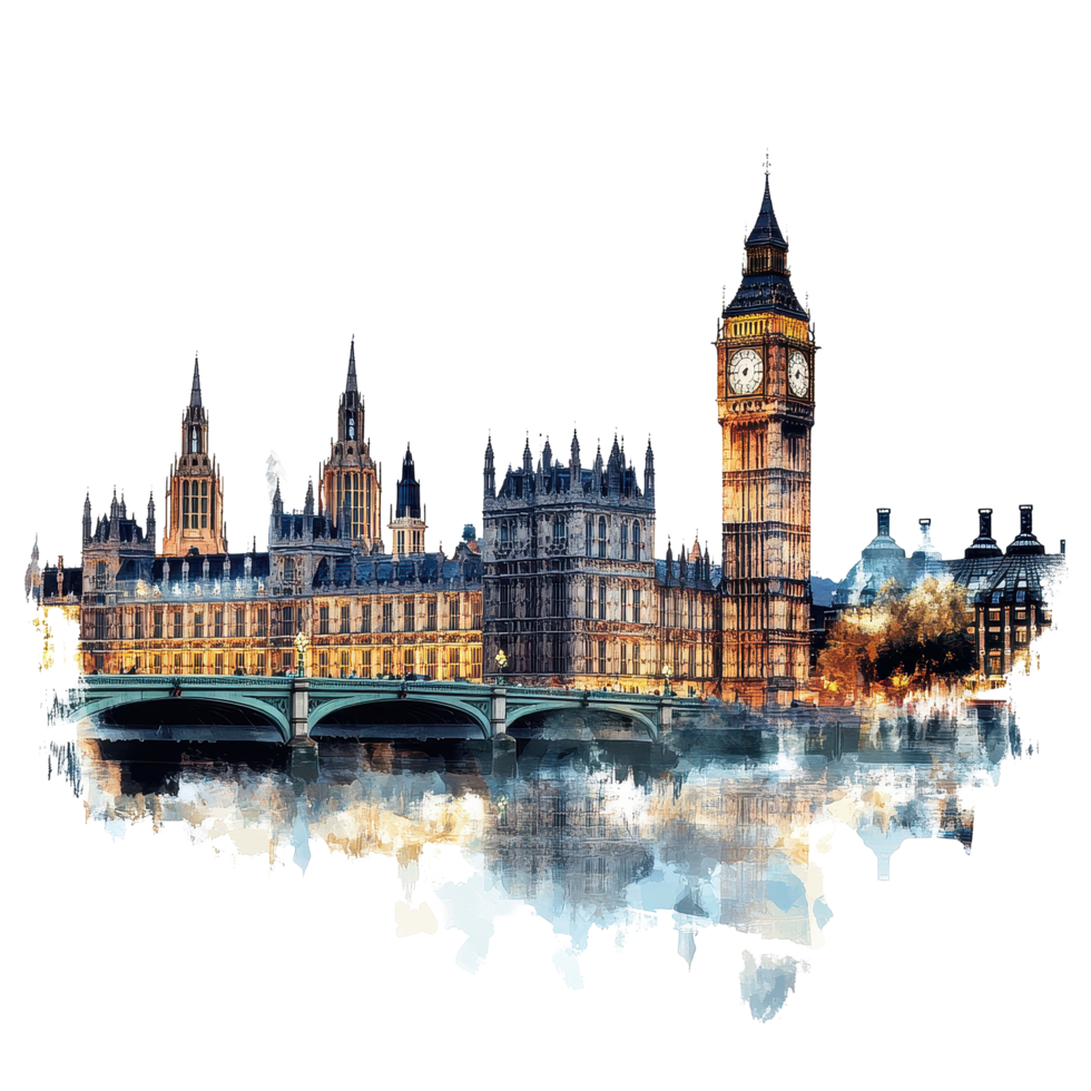 Iconic view of Big Ben and the Houses of Parliament along the River Thames during a sunny day in London, The iconic Big Ben and the Houses Parliament in London, Transparent background png