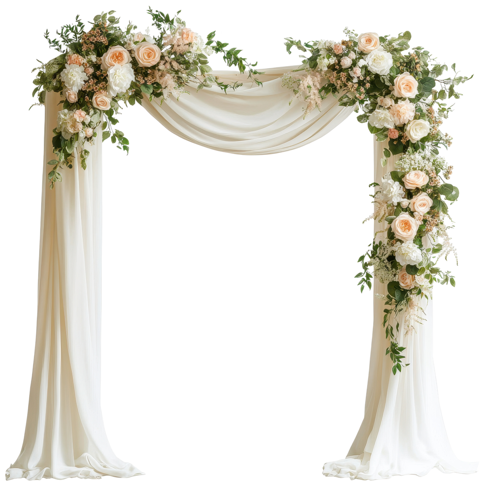Elegant wedding arch adorned with spring flowers and flowing white drapery for romantic ceremonies, Draped wedding arch with spring flowers and white fabric isolated on Transparent background png