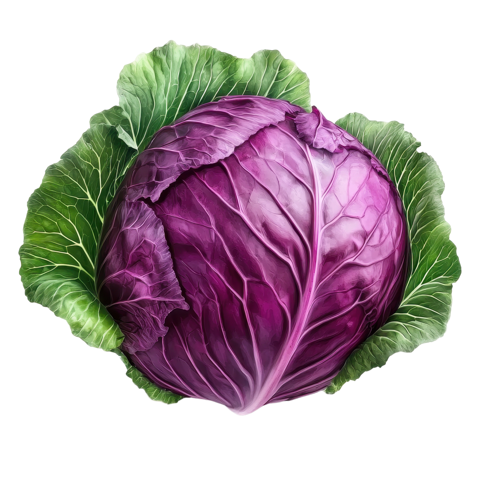 Red cabbage with vibrant green leaves isolated on Transparent background for culinary purposes and healthy eating, Red cabbage with leaf isolated on background png