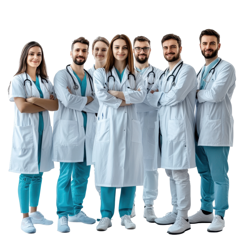 Confident medical team standing together in hospital setting with smiles and professionalism, Confident Medical team at hospital isolated on white png