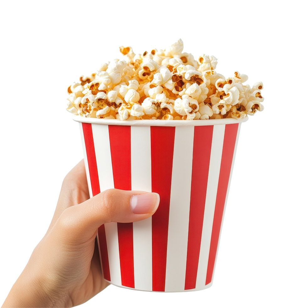 Joyful moviegoer enjoys fresh popcorn during an exciting film experience at the cinema, The Joyful Moviegoer Indulging in Delicious Popcorn from a Vibrant Red and White Striped Cup png