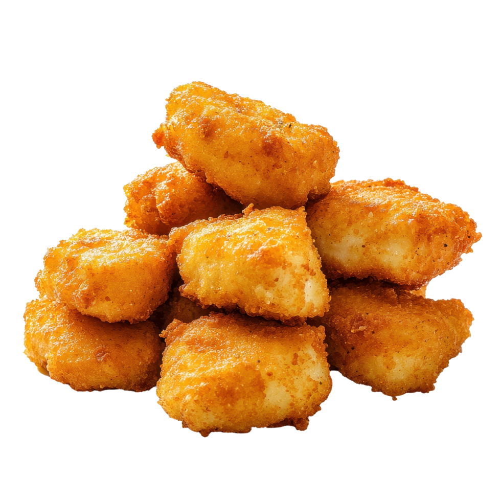 Crispy chicken nuggets stacked high against a white background, Chicken nuggets isolated on white background png