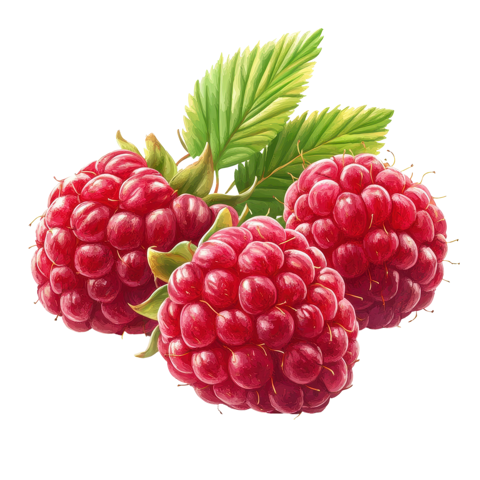 Fresh red ripe raspberries arranged on a Transparent background showcasing their vibrant color and texture, Three fresh red ripe raspberry, background png