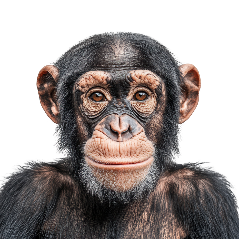 Chimpanzee face close up shot isolated on white background captures intricate details of its features, chimpanzee face shot isolated on white background png